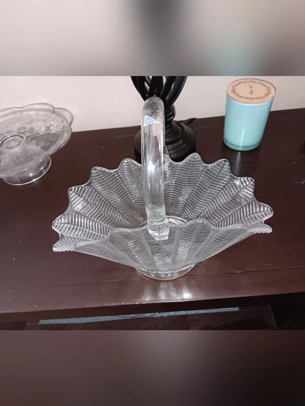 Unk Clear Glass Leaf-Edged Handled Basket